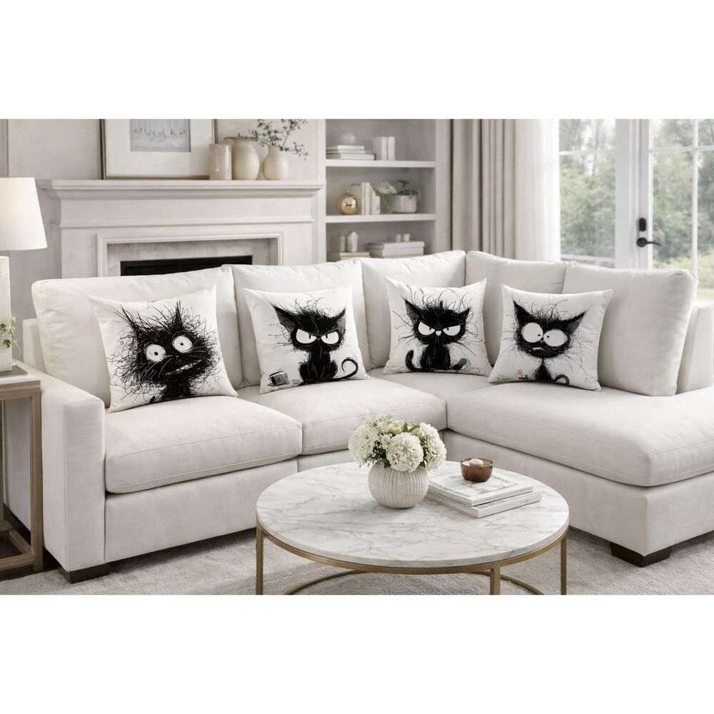 NWT Set of 4 Cushion / Pillows Covers  Black White Funny Cats w/ Zipper Closure